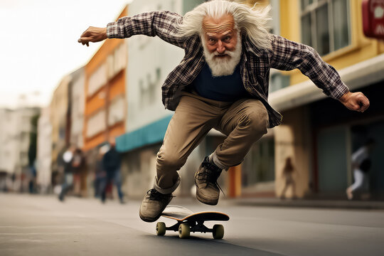 Modern Old Man Riding A Skateboard In A Skate Park