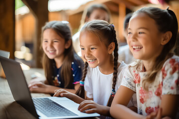 Different students use computers and programming. Happy multiethnic children are learning programming.