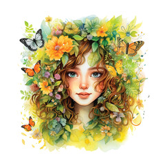  Portrait of a girl surrounded by flowers watercolor painted