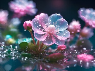 Beautiful pink color glass flower with water drops all over the petals
