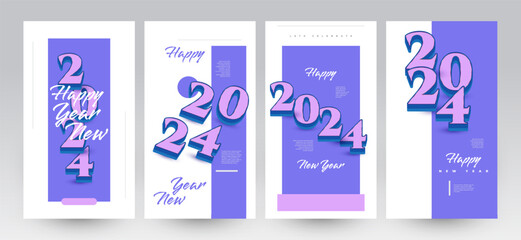 Fototapeta na wymiar Creative and Colorful Happy New Year 2024 Poster Set with 3D Numbers. Suitable, for Card, Banner, Poster, Flyer, Cover, and Social Media Post Template