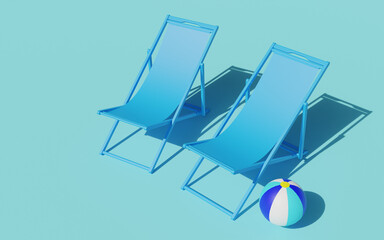 Beach chairs and inflatable ball 3D rendering blue 
