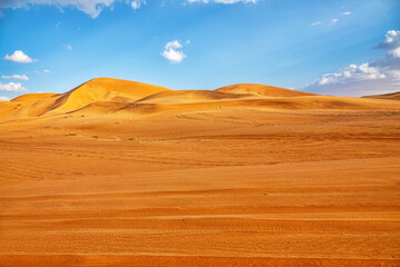 Hot deserts of the southeastern part of the Arabian Peninsula. Orange barchan dune (inland sandhill areas, drift sands) in January