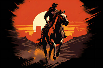 Cowboy riding a horse on a sunset background