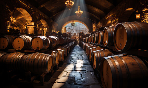Large barrels in the cellar of the winery.