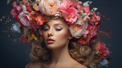 Beauty-Glamour Portrait einer Frau mit Blumen im Haar,
Beauty glamour portrait of woman with flowers in hair,