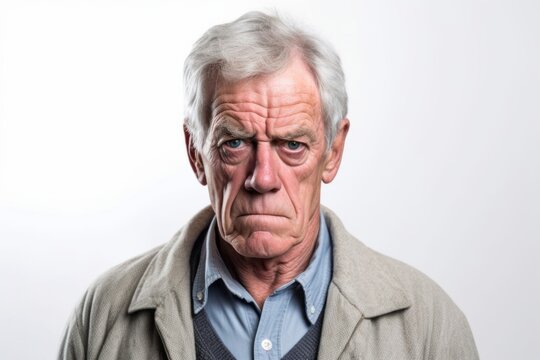 Medium shot portrait photography of a man in his 60s with furrowed brows and a tense expression due to hypertension wearing a chic cardigan against a white background 