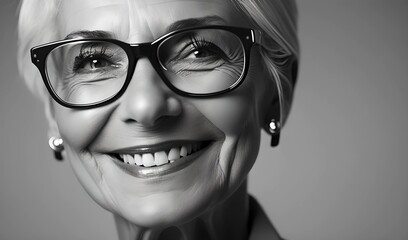 Portrait of A Senior Graceful Business Woman With White Hair Wearing Glasses, Looking Into The Camera And Smiling, Isolated On White Background