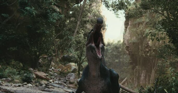 Spinosaurus dinosaurus hunts. A dinosaur in search of prey.