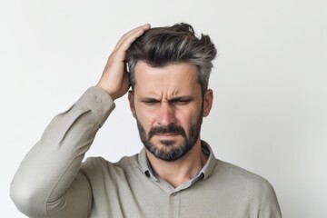 Close-up portrait photography of a man in his 30s pressing his temple due to a migraine wearing a chic cardigan against a white background 