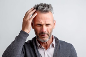 Close-up portrait photography of a man in his 40s pressing his temple due to a migraine wearing a chic cardigan against a white background 