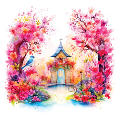 Tiny stone house and flowers watercolor painting