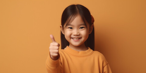 Happy school girl giving thumbs up on a solid background