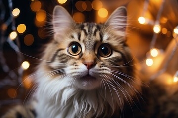 Fototapeta premium Beautiful adult cat near the Christmas tree, against the backdrop of blurry Christmas lights.