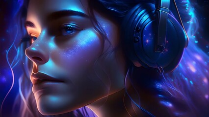 Gorgeous face of a girl in a dreamy, glowing light wearing headphones, backlit, glamour, glimmer, shadows, painting style,