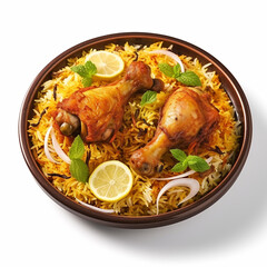 Dum chicken biriyani, close up image of Kerala-Thalassery biriyani which is mixed with masala arranged in a copper serving bowl and garnished with lemon slices placed on graphite texture.
