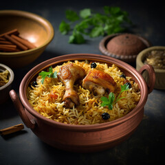 Dum chicken biriyani, close up image of Kerala-Thalassery biriyani which is mixed with masala arranged in a copper serving bowl and garnished with lemon slices placed on graphite texture. - obrazy, fototapety, plakaty