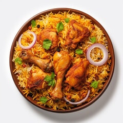 Dum chicken biriyani, close up image of Kerala-Thalassery biriyani which is mixed with masala arranged in a copper serving bowl and garnished with lemon slices placed on graphite texture.