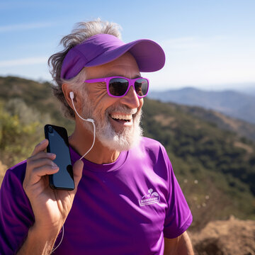 portrait of positive senior man with smartphone exercise 