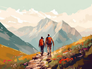 couple woman man person tent forest hike hiking nature illustration vacation camping. Generative AI.