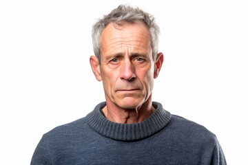 Fototapeta premium Group portrait photography of a man in his 50s appearing weakened and pale because of anemia wearing a cozy sweater against a white background 