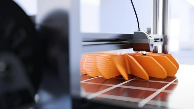 3D printing of a prototype turbine modeled in CAD software. 3d render, time lapse video.