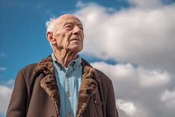 Fototapeta premium Medium shot portrait photography of a man in his 90s appearing weakened and pale because of anemia wearing a chic cardigan against a sky and clouds background 