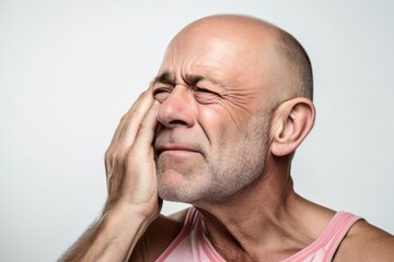 Obraz premium Lifestyle portrait photography of a man in his 40s cupping his ear in pain due to an ear infection wearing a sporty tank top against a white background 