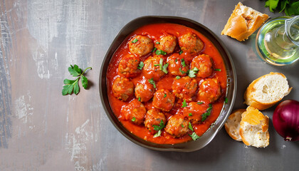 Meatballs in sweet and sour tomato sauce. Top view