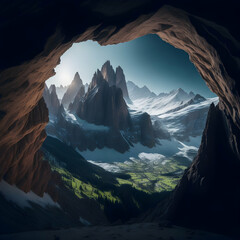 A sweeping panorama of the majestic Dolomites, seen from the depths of a man-made cave.
