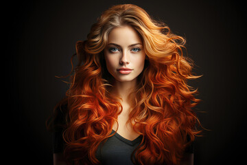 Porträt von einem Haarmodel mit Ombre Extension in dunkelblond, henna und rot vor dunklem Hintergrund präsentiert. - 632969093