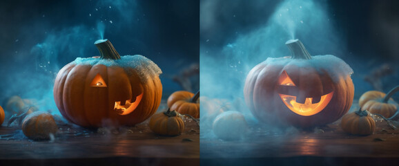 mystery blue pumpkin halloween copyspace night table evil background horror fear. Generative AI.
