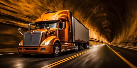 An orange semi truck driving through a tunnel. Generative AI.