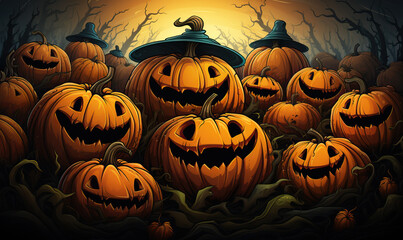 Halloween, sinister pumpkins on the background of nature.