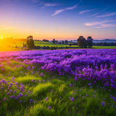 A majestic panorama of a rural landscape, illuminated by a golden sunrise, with a meadow of vibrant purple Phacelia flowers in full bloom
