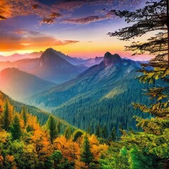 Beautiful mountain landscape with dramatic sky in bright colors, many trees and wild nature