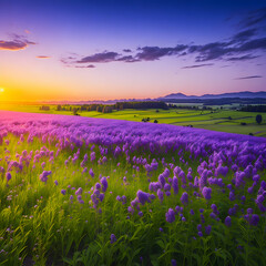 A majestic panorama of a rural landscape, illuminated by a golden sunrise, with a meadow of vibrant purple Phacelia flowers in full bloom
