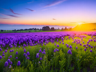 Fototapeta premium sunrise with a meadow of vibrant purple Phacelia flowers in full bloom 