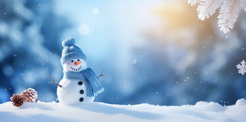 Obraz premium Little snowman in a blue hat on the snow