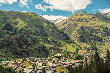 Valley of Zermatt village surrounded by the Alps mountains in summer, Switzerland
