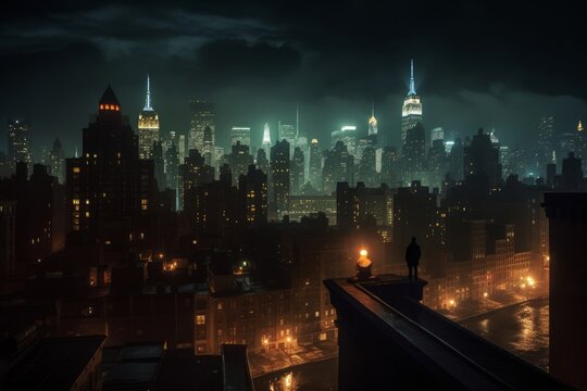 Concept art illustration of Gotham city at night, Generative AI