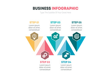Business Infographic Presentation template with 5 step pyramidal diagram and text - obrazy, fototapety, plakaty