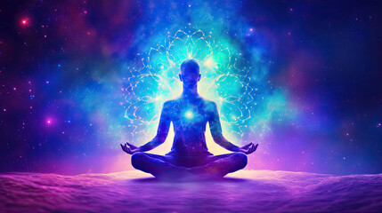 Fototapeta na wymiar Meditating human silhouette in yoga lotus pose. Galaxy universe background. Colorful chakras and aura glow. Power of Mind. Psychic. Meditation and Spirituality Universe. Generative Ai