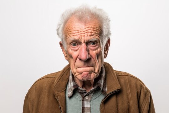 Medium shot portrait photography of a man in his 90s with a confused and distant expression due to Alzheimer disease wearing a chic cardigan against a white background 