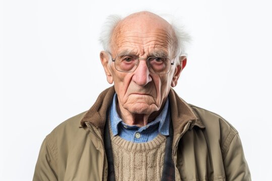 Medium shot portrait photography of a man in his 90s with a confused and distant expression due to Alzheimer disease wearing a chic cardigan against a white background 