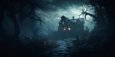 Dark scary horror house with glowing windows on blurry background - obrazy, fototapety, plakaty