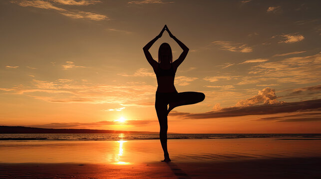 Silhouette young woman practicing yoga on the beach at sunset. Meditation. Generative Ai © tong2530