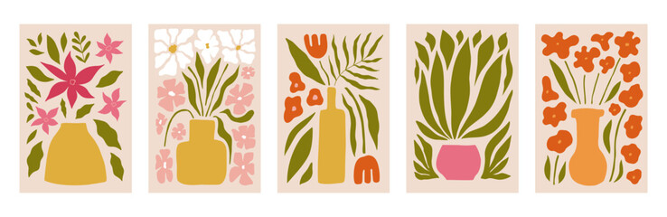 Abstract flower posters. Trendy botanical wall art with floral plants, and leaves in hippie style. Modern naive groovy funky interior decorations, and paintings. Colorful flat vector illustrations © Viktoriia