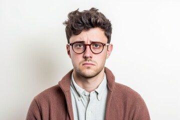 Obraz premium Group portrait photography of a man in his 20s with a pained and tired expression due to fibromyalgia wearing a chic cardigan against a white background 