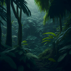 A lush, vibrant deep green tropical jungle, with a thick canopy of trees and a sense of exploration
